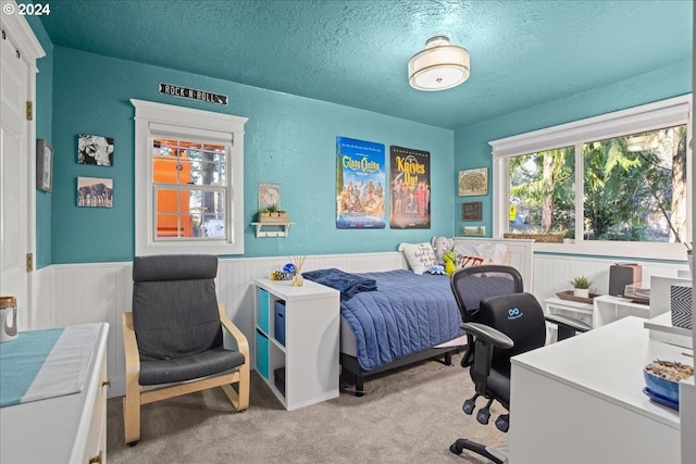 bedroom featuring carpet, a wainscoted wall, and a textured ceiling