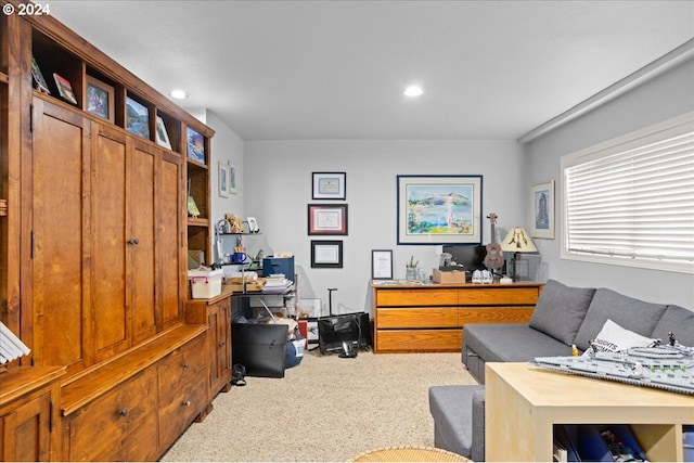 carpeted home office with recessed lighting