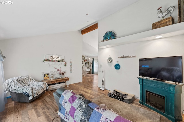 living area featuring wood finished floors, a glass covered fireplace, and lofted ceiling