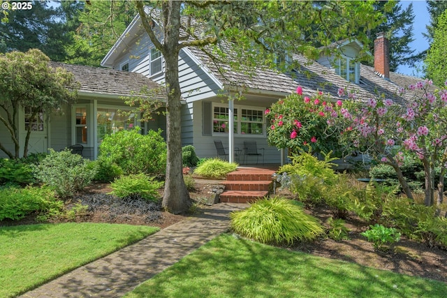 exterior space with a front lawn and a chimney