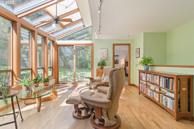 sunroom with track lighting and a skylight