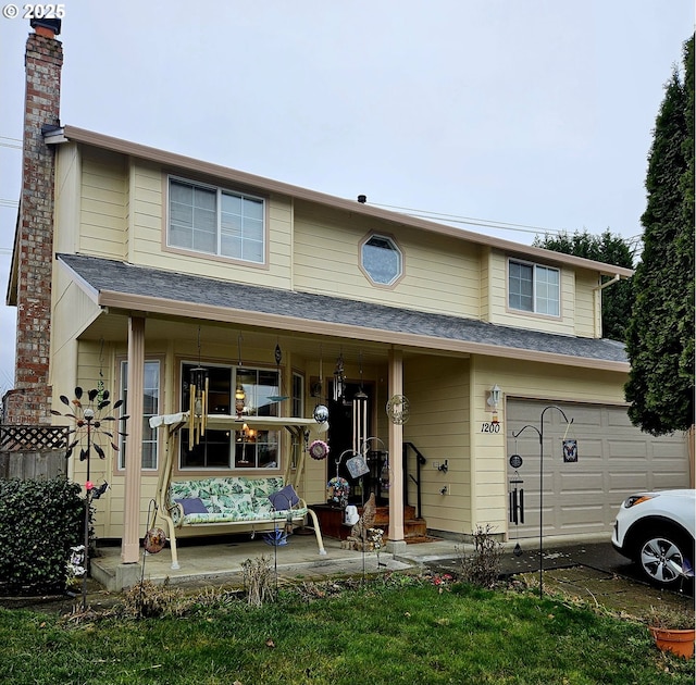 view of front of property featuring an attached garage, covered porch, and a chimney