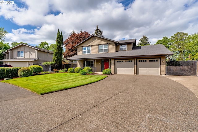 traditional home featuring fence, a garage, a porch, a front yard, and concrete driveway