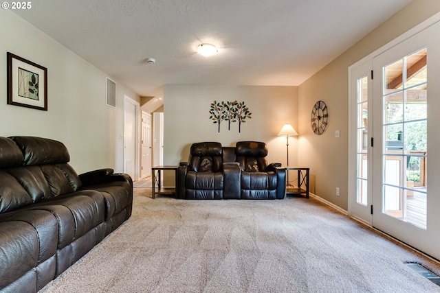 carpeted living area featuring baseboards, visible vents, and a wealth of natural light
