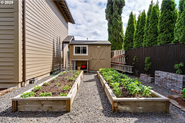view of yard featuring an outbuilding, a shed, a vegetable garden, and a fenced backyard