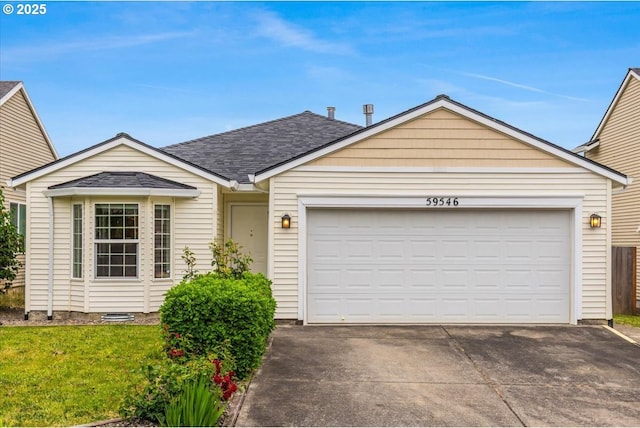 59546 Catarin St, Saint Helens, OR 97051 - ranch-style house with driveway, a garage, a shingled roof, and a front lawn