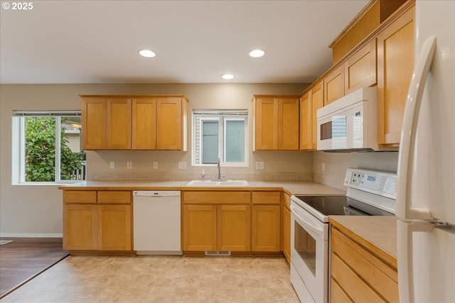 59546 Catarin St, Saint Helens, OR 97051 - kitchen featuring white appliances, light countertops, recessed lighting, and light brown cabinets