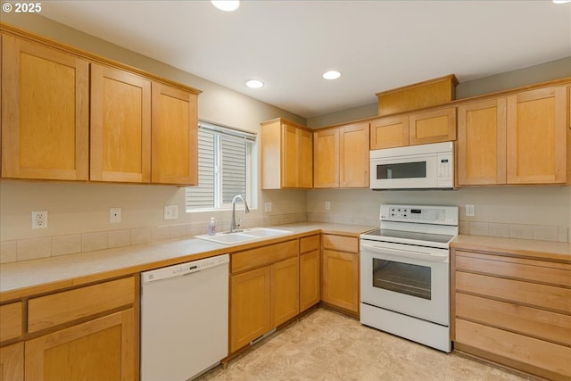 59546 Catarin St, Saint Helens, OR 97051 - kitchen featuring white appliances, light countertops, light brown cabinets, and recessed lighting