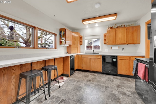 kitchen with a sink, open shelves, dishwasher, and light countertops