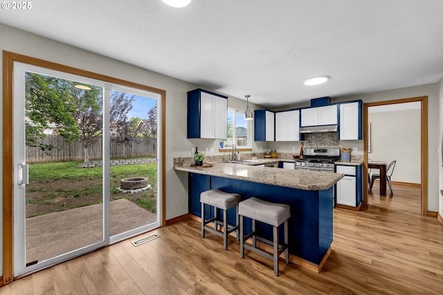 13306 NE 92nd St, Vancouver, WA 98682 - kitchen with stainless steel gas stove, under cabinet range hood, a peninsula, a sink, and light wood-style flooring