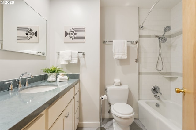 full bath with vanity, toilet, tile patterned flooring, bathtub / shower combination, and baseboards