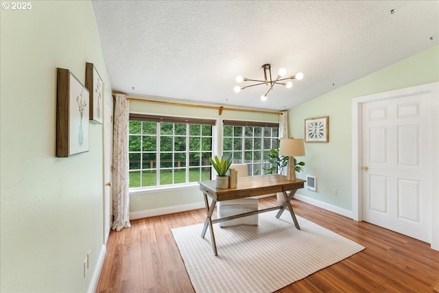 2906 SW Spring Garden St, Portland, OR 97219 - office with plenty of natural light, a chandelier, a textured ceiling, baseboards, and vaulted ceiling