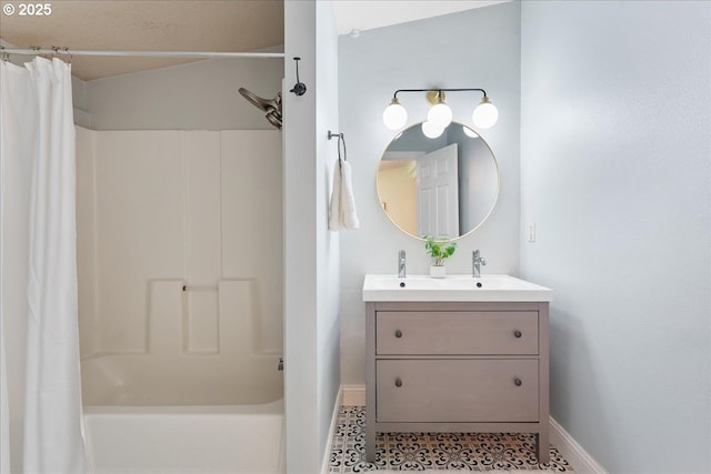 2906 SW Spring Garden St, Portland, OR 97219 - bathroom featuring baseboards, double vanity, and shower / bathtub combination with curtain