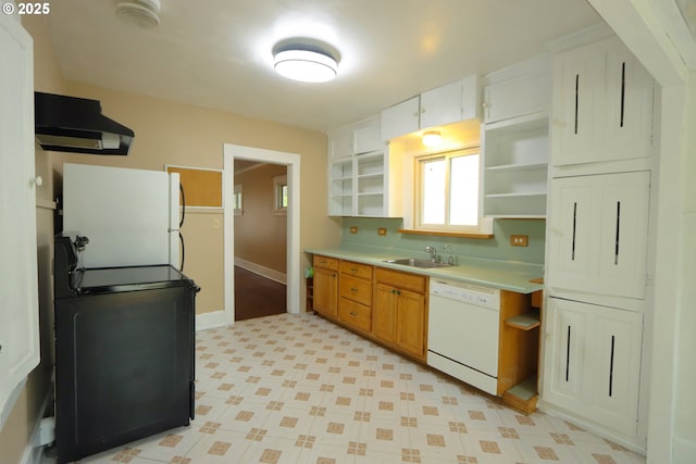 780 N 10th St, Coos Bay, OR 97420 - kitchen featuring a sink, white appliances, open shelves, light countertops, and light floors