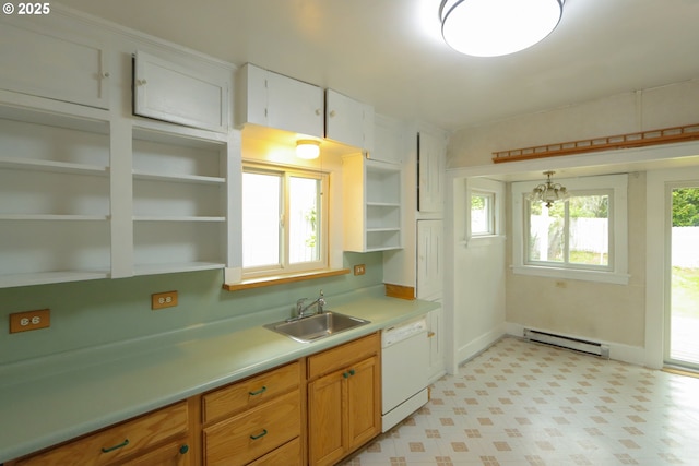 780 N 10th St, Coos Bay, OR 97420 - kitchen with open shelves, a sink, a baseboard radiator, light countertops, and dishwasher