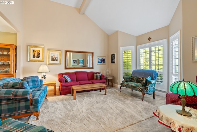 living room featuring high vaulted ceiling, baseboards, carpet flooring, and beam ceiling