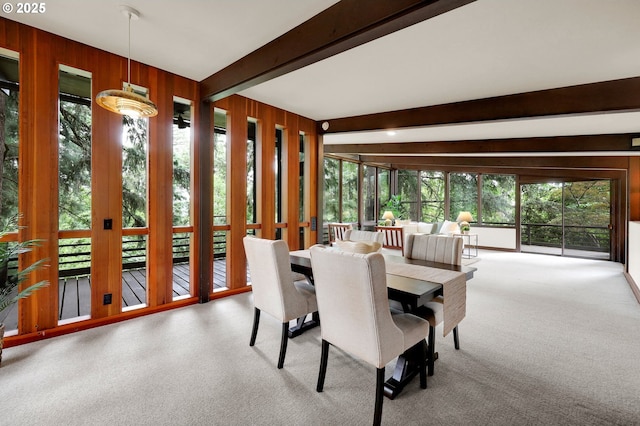 450 Horizon Rd, Eugene, OR 97405 - carpeted dining space featuring beam ceiling and wooden walls