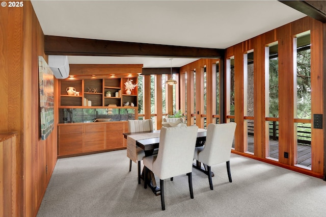 450 Horizon Rd, Eugene, OR 97405 - dining room featuring light colored carpet, a wall mounted air conditioner, beamed ceiling, and wood walls