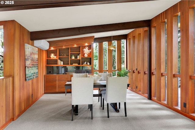 450 Horizon Rd, Eugene, OR 97405 - dining area featuring wooden walls, beamed ceiling, carpet floors, and a wall mounted AC