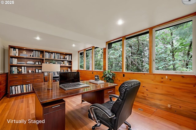 450 Horizon Rd, Eugene, OR 97405 - home office featuring plenty of natural light, light wood-type flooring, wood walls, and recessed lighting