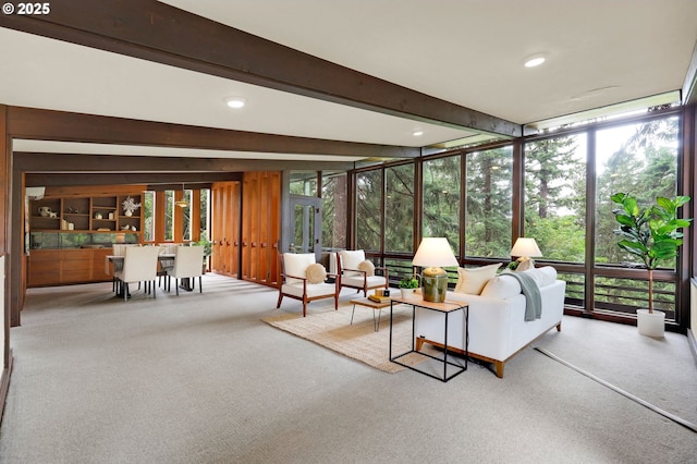 450 Horizon Rd, Eugene, OR 97405 - sunroom / solarium featuring carpet floors, floor to ceiling windows, beamed ceiling, and recessed lighting