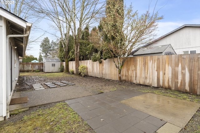 view of yard featuring an outbuilding, a patio, a shed, and a fenced backyard