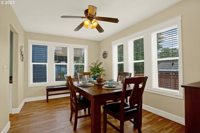 2146 NW Jetty Ave, Lincoln City, OR 97367 - dining area featuring wood finished floors, baseboards, and ceiling fan