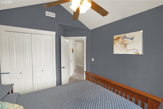 2146 NW Jetty Ave, Lincoln City, OR 97367 - bedroom with a closet, lofted ceiling, a ceiling fan, and carpet flooring
