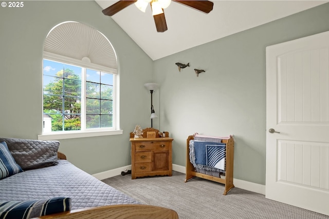 2146 NW Jetty Ave, Lincoln City, OR 97367 - bedroom featuring carpet, lofted ceiling, a ceiling fan, and baseboards