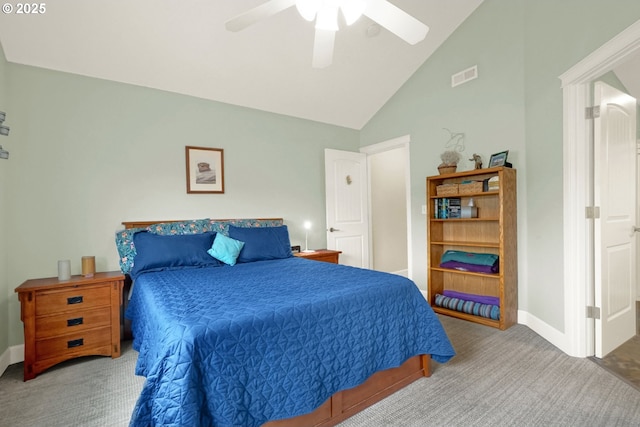 2146 NW Jetty Ave, Lincoln City, OR 97367 - bedroom featuring carpet floors, baseboards, high vaulted ceiling, and a ceiling fan