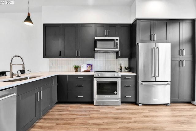 kitchen with decorative backsplash, stainless steel appliances, sink, pendant lighting, and light hardwood / wood-style flooring