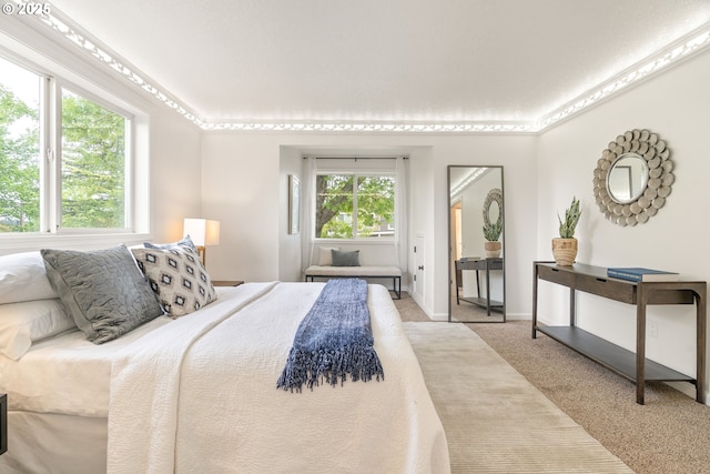 bedroom with light carpet and baseboards