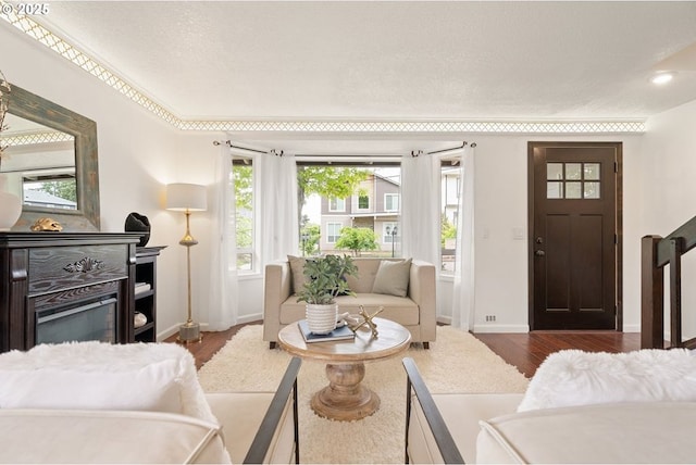 living room with healthy amount of natural light, dark wood finished floors, and baseboards