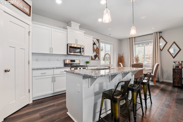 1327 19th Ave, Forest Grove, OR 97116 - kitchen featuring stainless steel appliances, dark wood-type flooring, backsplash, light stone counters, and recessed lighting