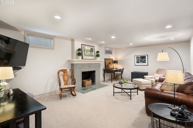 carpeted living room featuring a fireplace, baseboards, crown molding, and recessed lighting