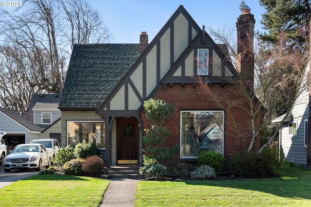 tudor-style house with brick siding, a chimney, a front lawn, and roof with shingles