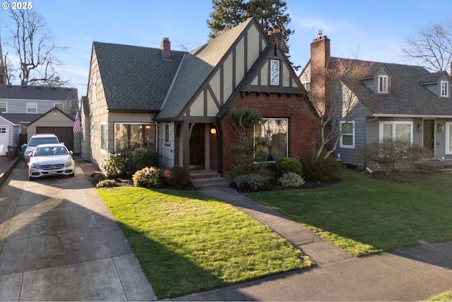 tudor home featuring roof with shingles, a chimney, a front lawn, and stucco siding