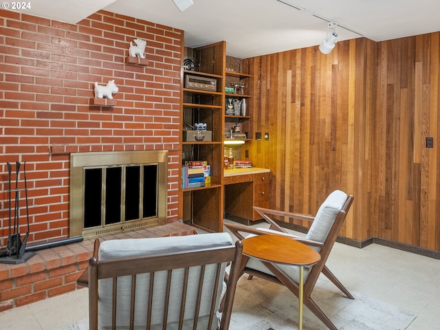 living area featuring wood walls and track lighting