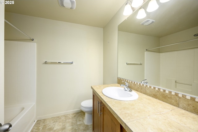 full bathroom featuring vanity, toilet, and shower / washtub combination