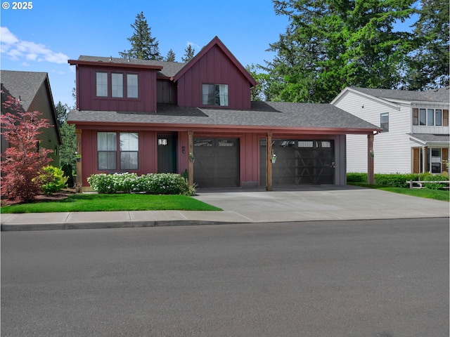 view of front of home featuring board and batten siding, an attached garage, concrete driveway, and a shingled roof
