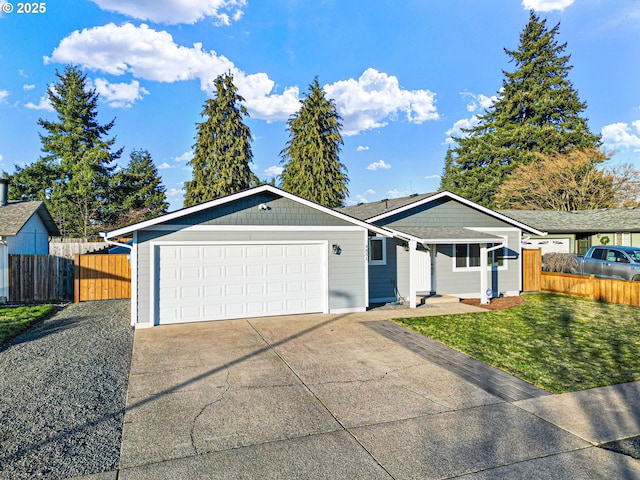 single story home featuring a front yard and a garage