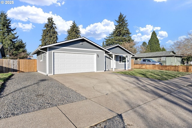 single story home with a garage and a front lawn