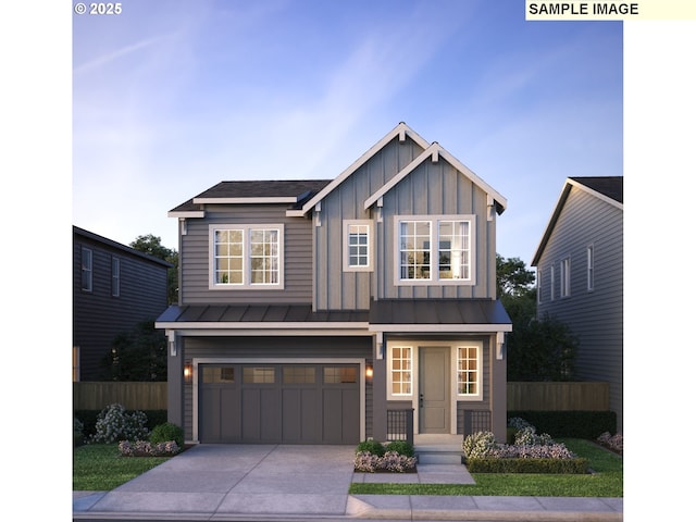 craftsman house with an attached garage, a standing seam roof, fence, and board and batten siding