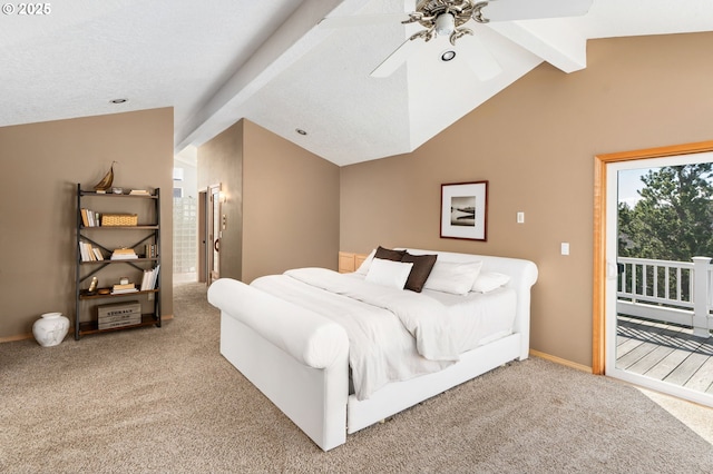 bedroom with access to exterior, carpet flooring, vaulted ceiling with beams, and a ceiling fan