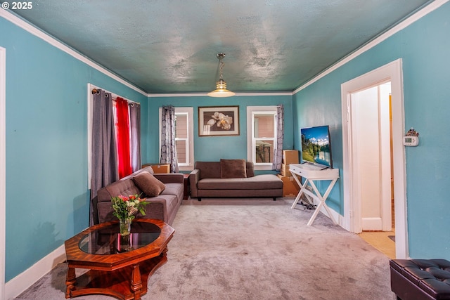 living room with carpet flooring, a textured ceiling, baseboards, and ornamental molding