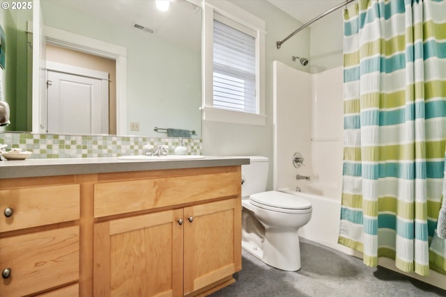 bathroom featuring visible vents, shower / bathtub combination with curtain, toilet, decorative backsplash, and vanity