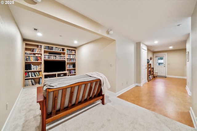 bedroom with recessed lighting, visible vents, and baseboards