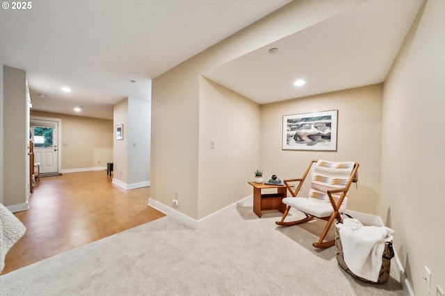 sitting room featuring recessed lighting, baseboards, and carpet floors