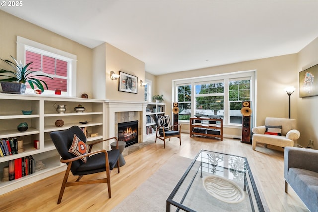 living room with a tile fireplace and wood finished floors