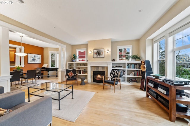 living area featuring a tiled fireplace and light wood-type flooring